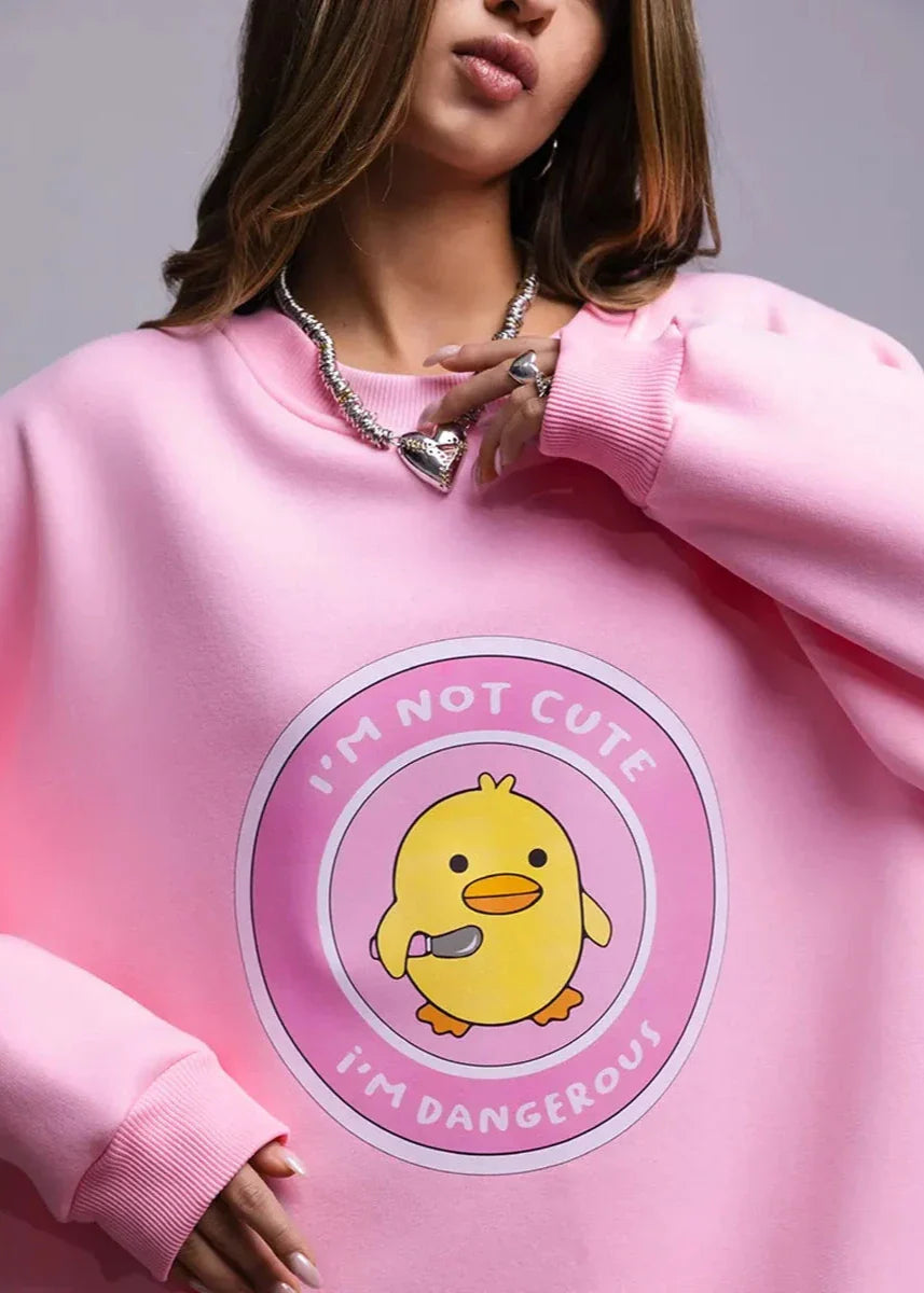 Charming Duck Graphic Oversized Pink Sweatshirt