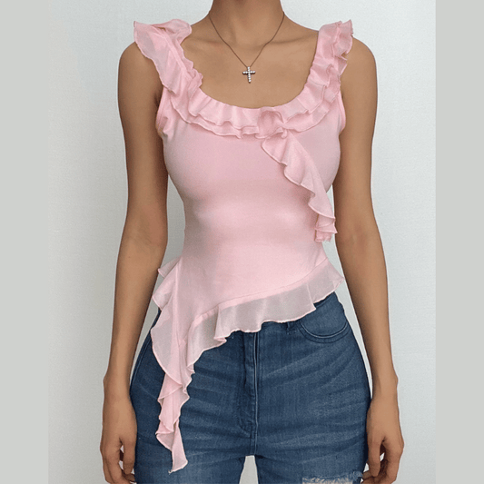 Ruffle u neck solid sleeveless irregular crop top