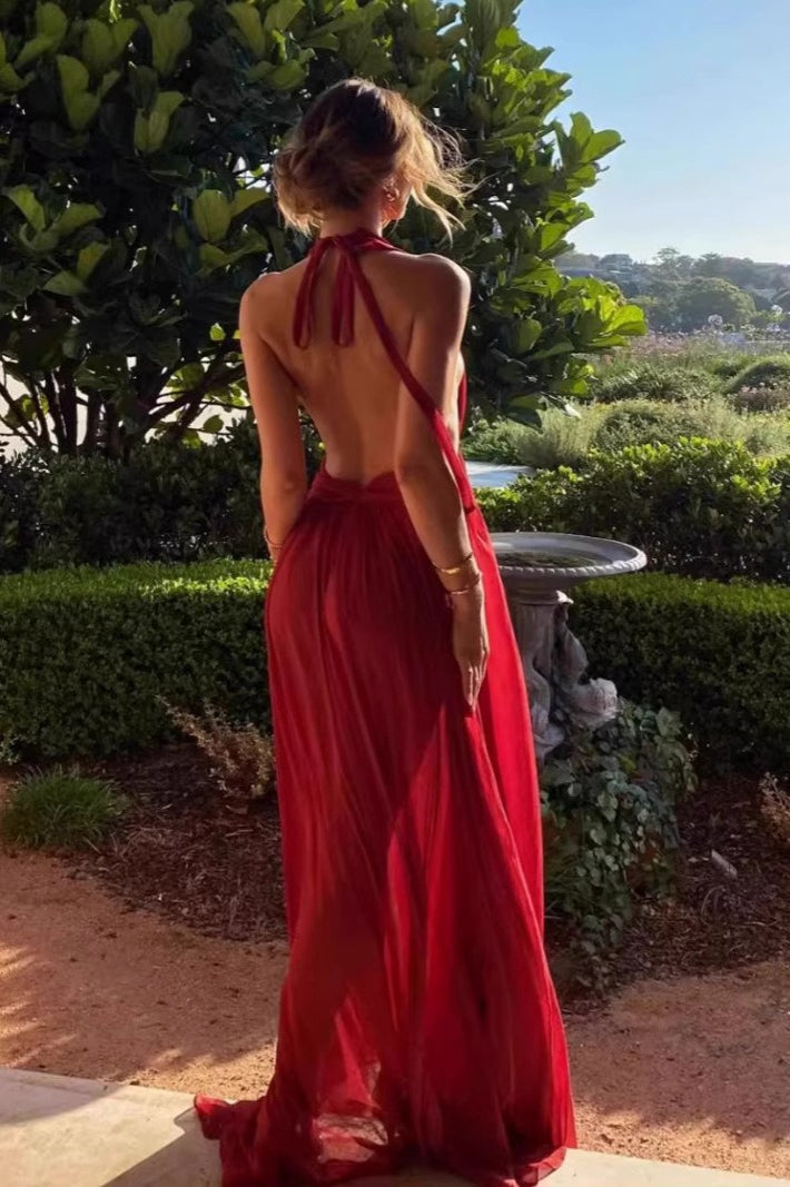 French Sexy Backless Halter V-Neck Maxi Dress