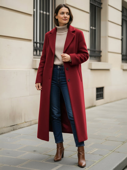 Woolen Long Straight Coat With Single-Breasted And Classic Notch Lapel For Women 2026