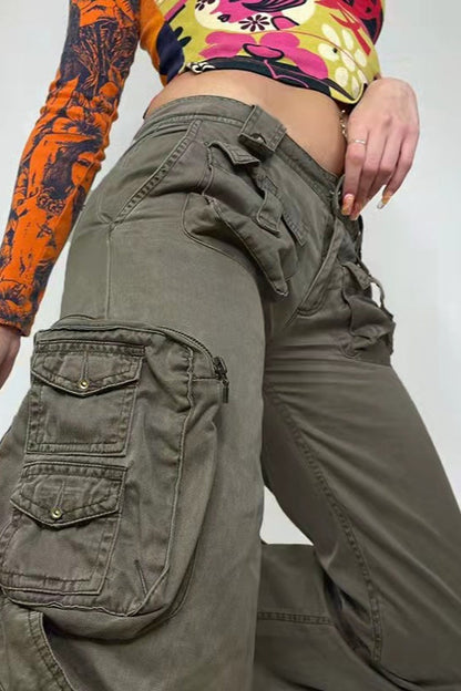 Street Style Low-Waisted Multi-Pocket Denim Cargo Pant