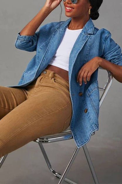 Notch Lapel Button Front Pocketed Denim Blazer