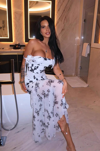 Sexy Floral Print Mesh Strapless Maxi Dress