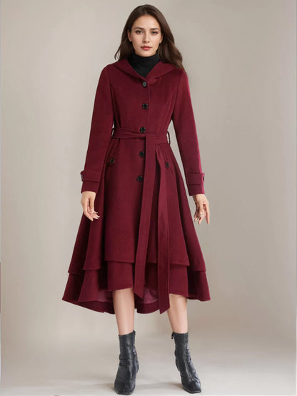 Woolen Flared Coat For Woman Hooded Belted A-line Vintage Winter Midi Outerwear 2026