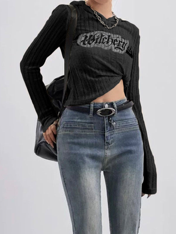 Letter Print Hooded Thin Long Sleeve Knit