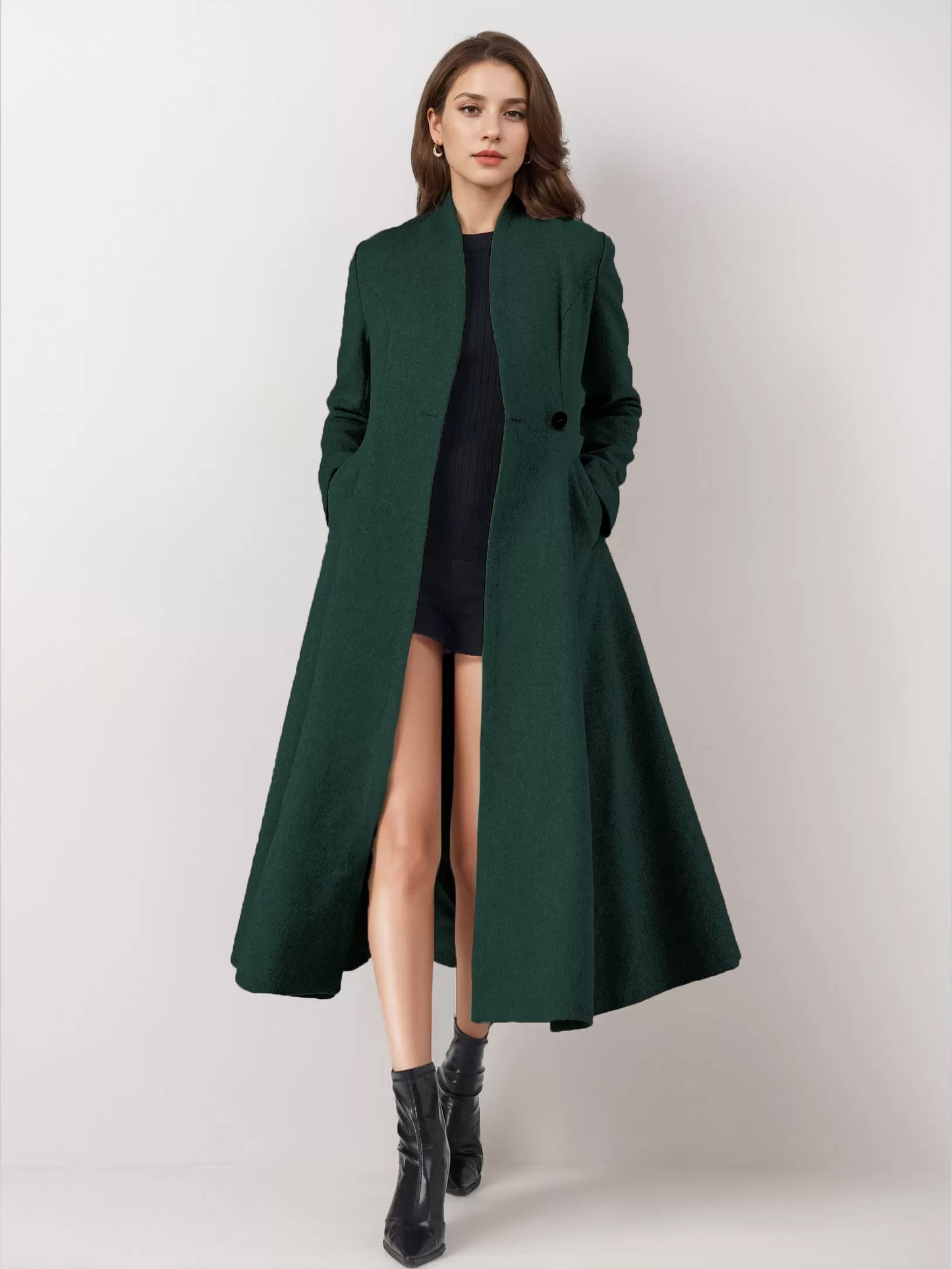 Wool Blend Flared Coat For Woman One Button Gray A-line Winter Midi Outerwear 2026