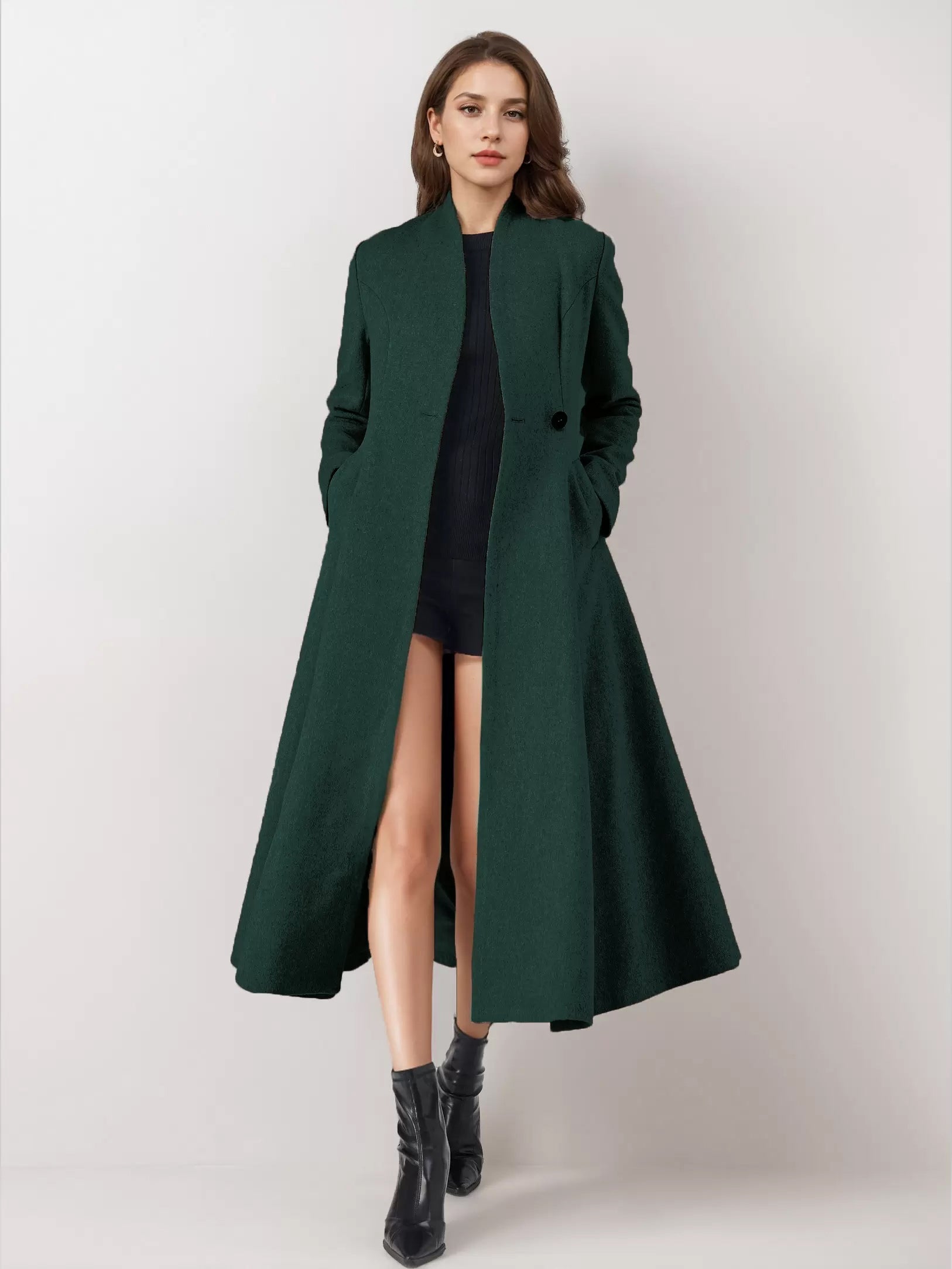 Wool Blend Flared Coat For Woman One Button Gray A-line Winter Midi Outerwear 2026