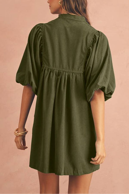 Vineyard Green Snap Button Empire Waist Lantern Sleeve Corduroy Dress