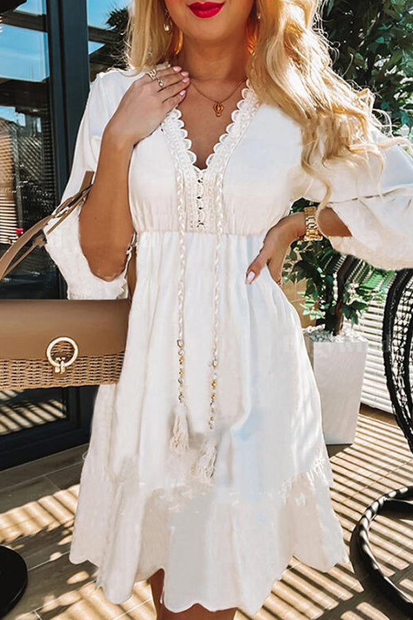 White Fringe Petal Three Quarter Sleeve Casual Dress