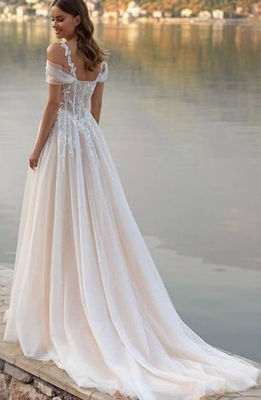 Off-Shoulder A-Line Sheer Wedding Dress