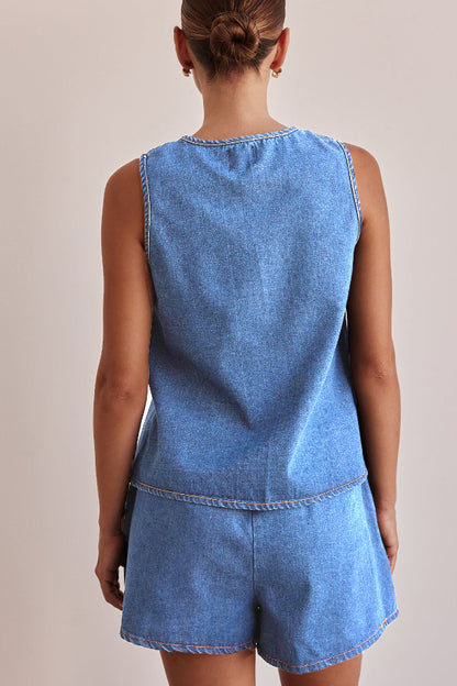 Stylish Elastic Waist Drawstring Pocket Casual Loose Denim Shorts