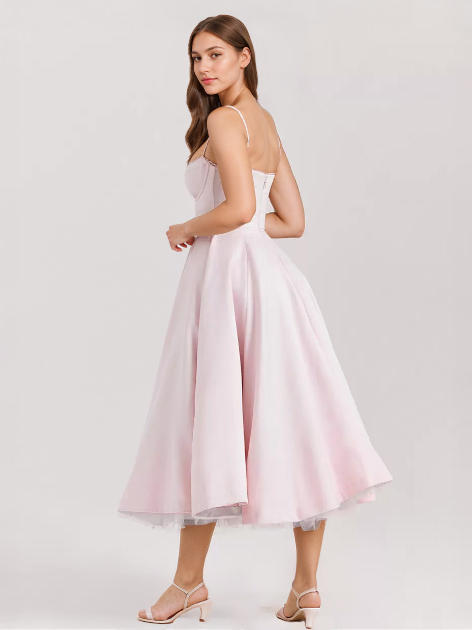 Soft Pink Corset Midi Dress Sweetheart Neck Straps A-line Birthday Party Dress For Women 2026