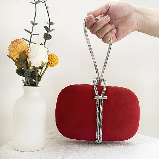 Luxury Red Velvet Crystal Handle Evening Wedding Tote Handbag