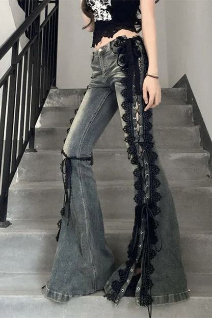 Flare Lace Bandage Denim Jeans