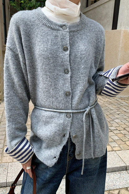 Color-Block Belted Lazy-Style Knit Cardigan