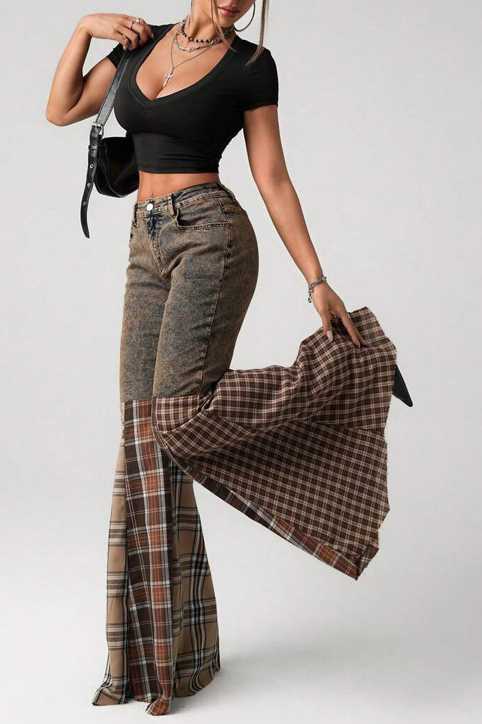 Plaid Patch High Waist Flare Jean