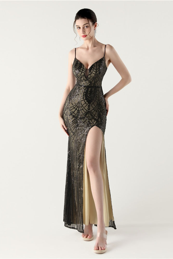 Sequin V Neck Cross Strap Mermaid Maxi Dress