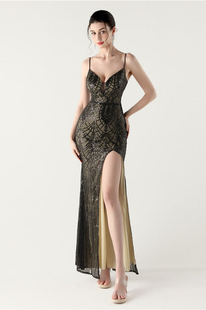 Sequin V Neck Cross Strap Mermaid Maxi Dress