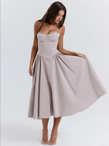 Soft Pink Corset Dress Spaghetti Strap Backless Pleated Cottagecore Midi Dress 2026