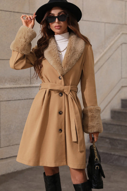 Fur Collar Belted Midi Trench Coat