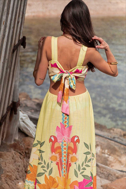 Elegant Floral Print Cutout Tie Maxi Dress