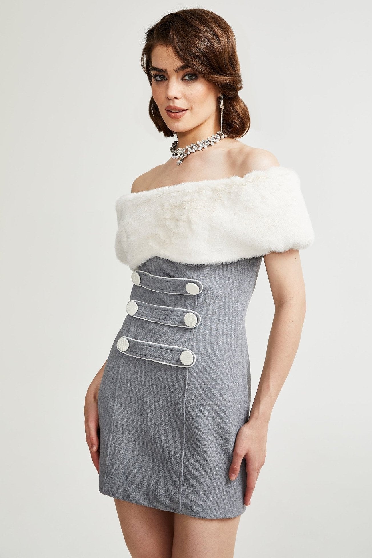 Griselda Faux Fur Off Shoulder Mini Dress