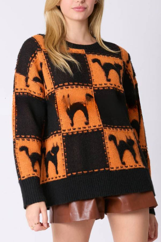 Halloween Ghost Plaid Crew Neck Sweater