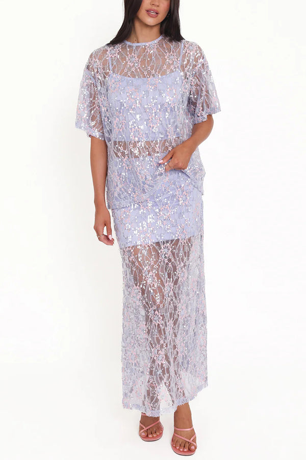 Catch The Light Sheer Sequin Lace Short Sleeve Loose Tee Top