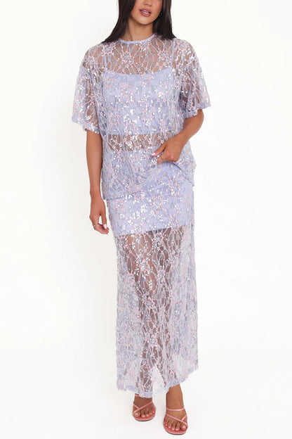 Catch The Light Sheer Sequin Lace Short Sleeve Loose Tee Top