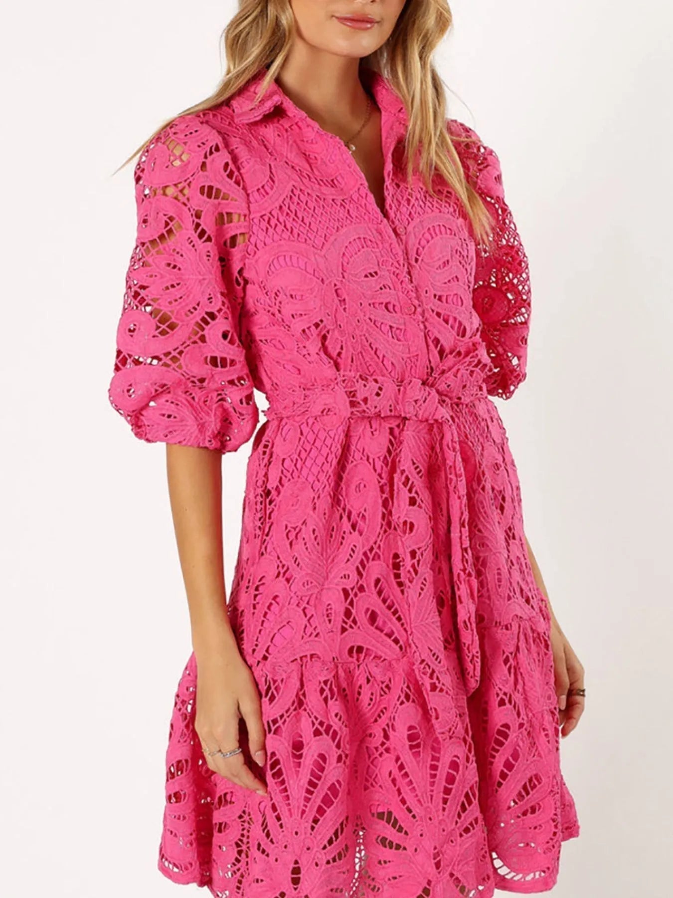 Lace Collar Shirt Dress Puff Sleeve Tie Waist Tiered Midi Dress