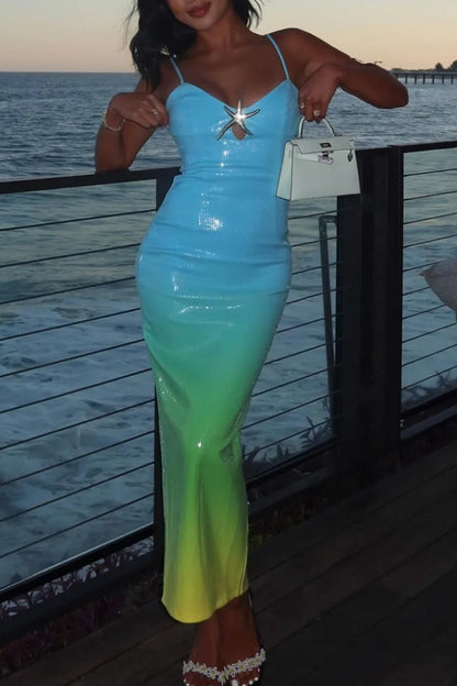 Gradient Sequin Spaghetti Strap Starfish Detail Bodycon Maxi Dress