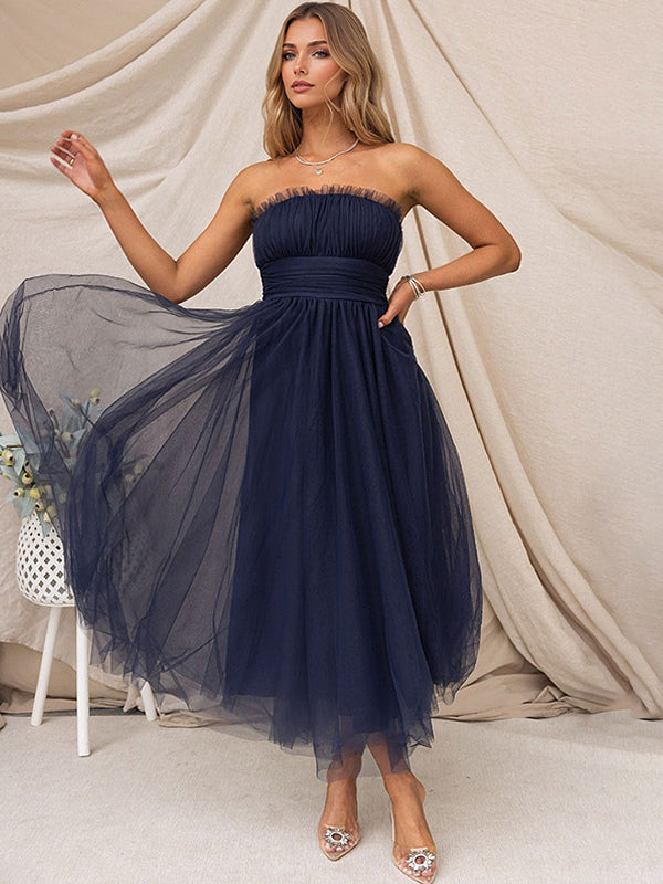 Tulle Dresses Strapless Pleated Off The Shoulder Layered Prom Midi Dress