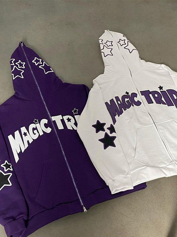 Letter Star Print Contrast Color Oversized Hoodie