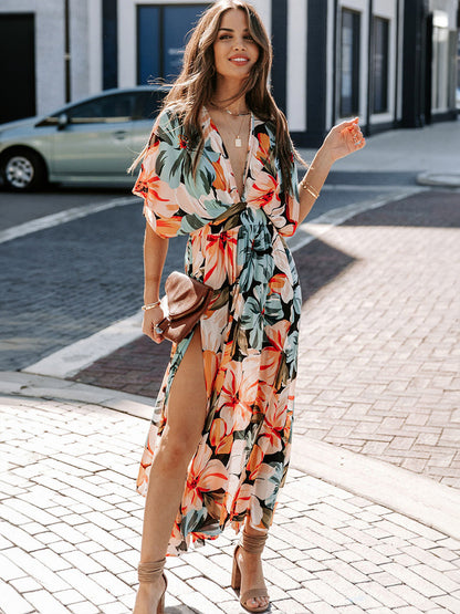 Deep V Neck Tropical Floral Maxi Dress for Women - Multi Print Split Hem Boho Dress - Summer Beach Vacation 2026