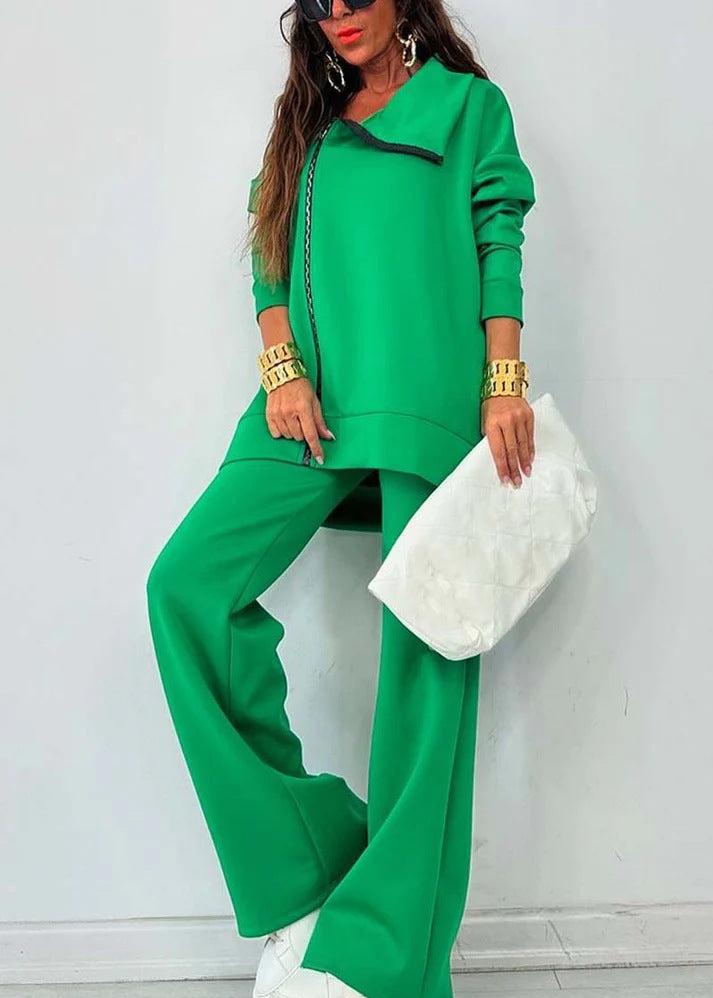 Women's Loose Zip Sweatshirt Wide Leg Pants Suit