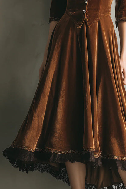 Fashionable Velvet and Lace Patchwork V-neck Button Midi Dress