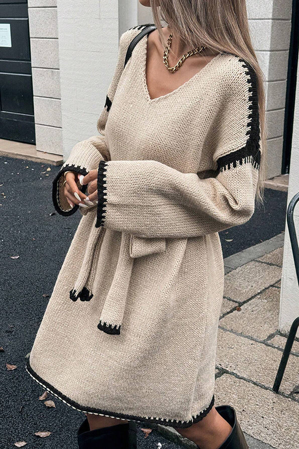 Stylish Loose-fitting Long-sleeved Tie-waist Knit Mini Dress