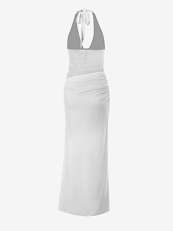 Burgundy Sequin Women Halter Maxi Dress - Elegant Ruched Bodycon Backless Mermaid Gown - Prom Party Outfit 2026