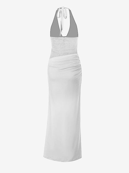 Burgundy Sequin Women Halter Maxi Dress - Elegant Ruched Bodycon Backless Mermaid Gown - Prom Party Outfit 2026
