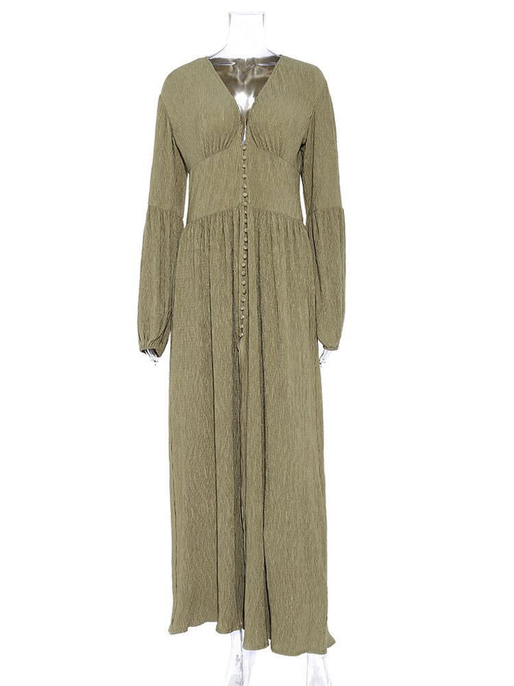 Boho V Neck Maxi Dress - Puff Sleeve Button Front High Slit Long Dress - Spring Beach Vacation 2026