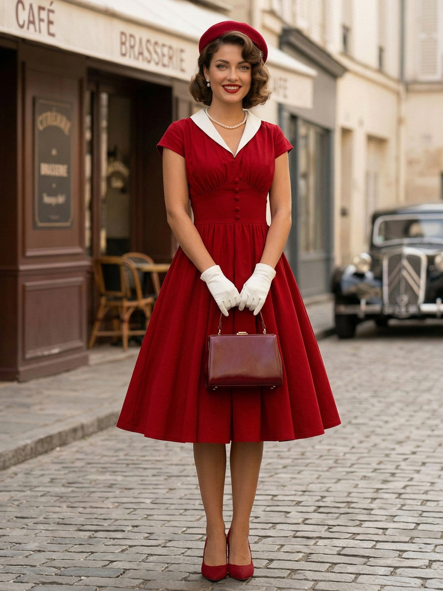 V Neck Contrast Lapel Ruched Retro A-line Swing Dress For Women 2026
