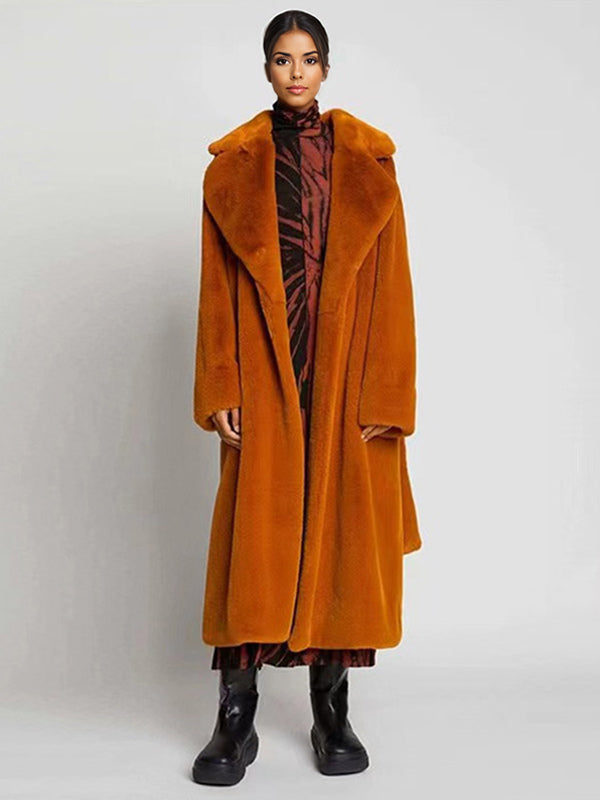 Longline Fux Fur Coat Notched Lapel Belted Eco-friendly Winter Jacket 2026