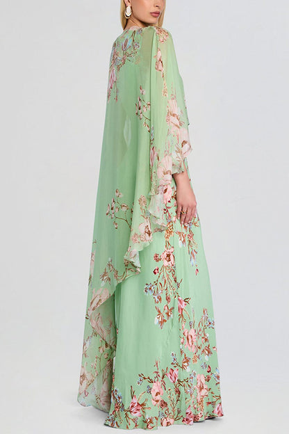 Love in Bloom Floral Print Asymmetrical Chiffon Cape Maxi Dress