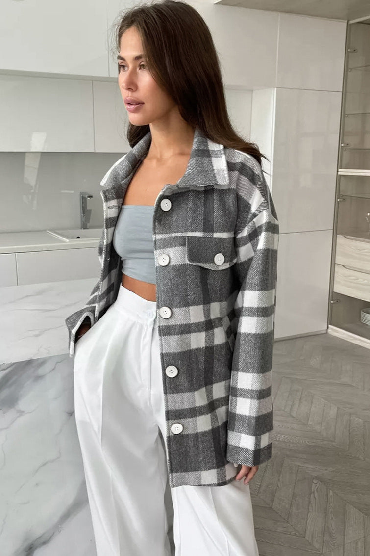 Woolen Plaid Belted Chic Thick Coat