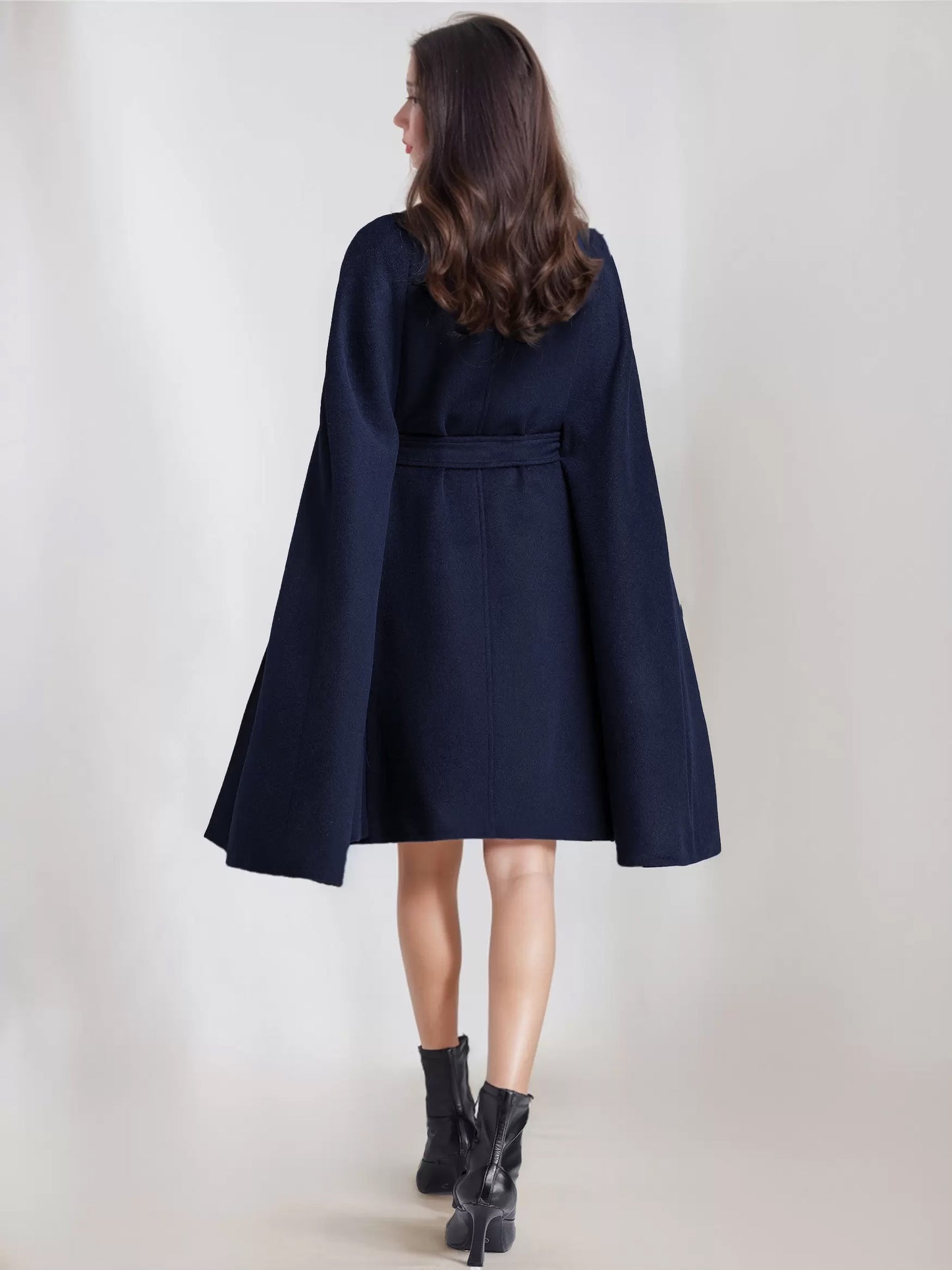 Wool Blend Cape Coat For Women Stand Collar Dark Navy Belted Oversized Poncho Outerwear 2026