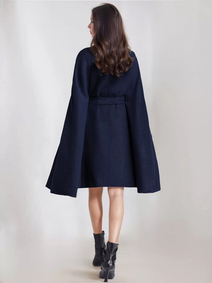 Wool Blend Cape Coat For Women Stand Collar Dark Navy Belted Oversized Poncho Outerwear 2026