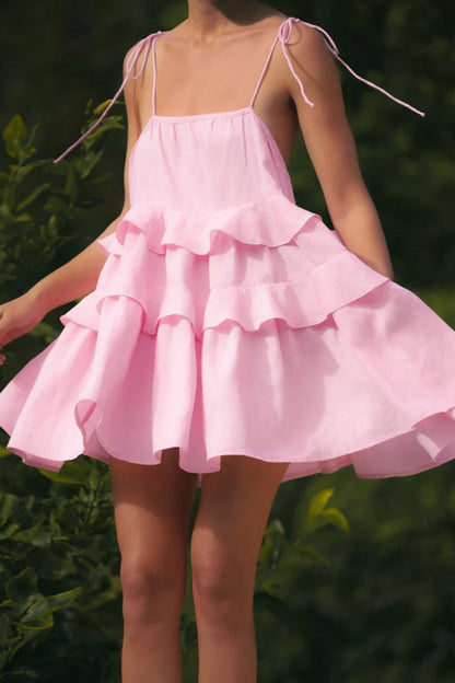 Tie Shoulder Tiered Ruffle Scoop Neck Babydoll Mini Dress