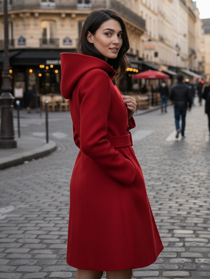 Hooded A-Line Midi Coat With Double-Breasted Design And Belt For Women 2026