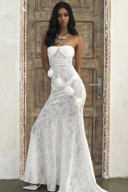 Sheer Lace Strapless 3D Floral Train Maxi Dress