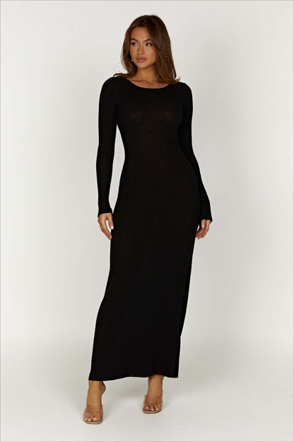 Sexy Knit Backless Tie Waist Long Sleeve Bodycon Dress